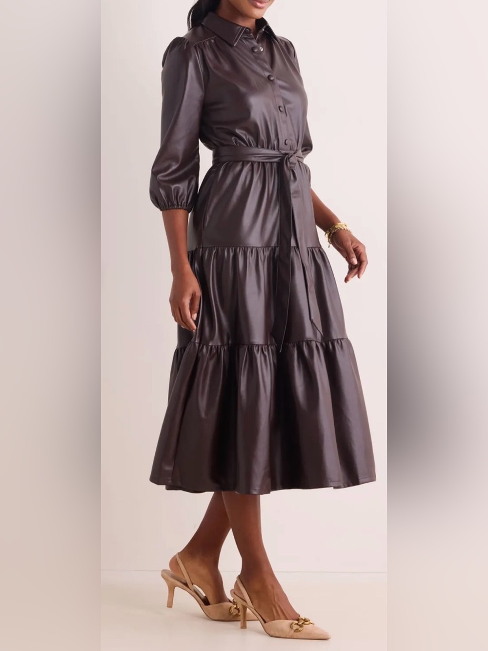 NWT! Fate Dark Chocolate Brown Faux Vegan Leather Buttery Soft Tiered Midi Dress